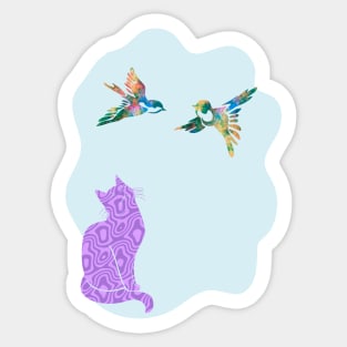 Camouflage Purple Cat Watching Birds Silhouette Art Sticker